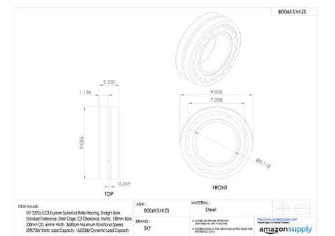 Technical drawing of Two Row Spherical Roller Bearing 40mm Straight Bore 80mm Outer Diameter Steel Cage C3 for heavy equipment
