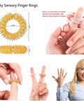 Spiky sensory finger rings used for hand exercise and blood circulation stimulation by moving up and down on fingers.