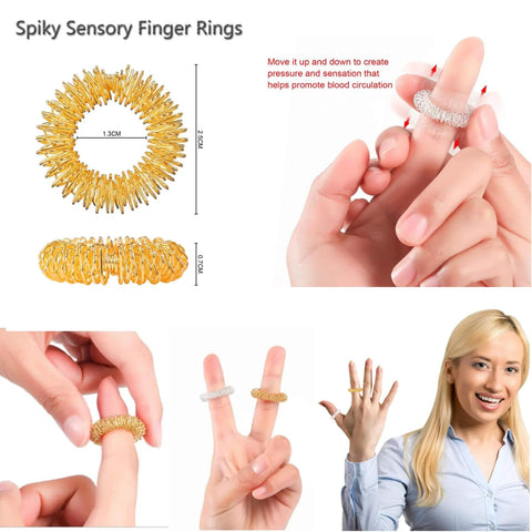 Spiky sensory finger rings used for hand exercise and blood circulation stimulation by moving up and down on fingers.