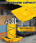 Spill Containment Pallet With Drain Outlet For 200L Drum, Heavy Duty Tray Platform, 43 L Spill Capacity, shown in storage area