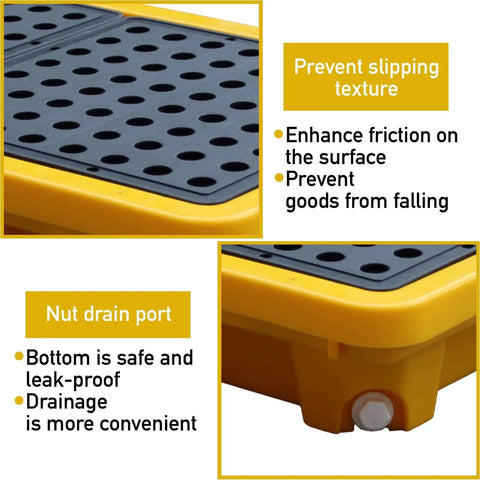 Two Drum Spill Containment Pallet with Drain Outlet showing non-slip texture and nut drain port.
