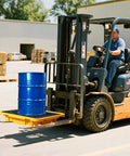 Heavy Duty Spill Containment Pallet With Drain For Industrial And Outdoor Use 26.4 By 26.4 By 6 Inches with blue drum outdoors