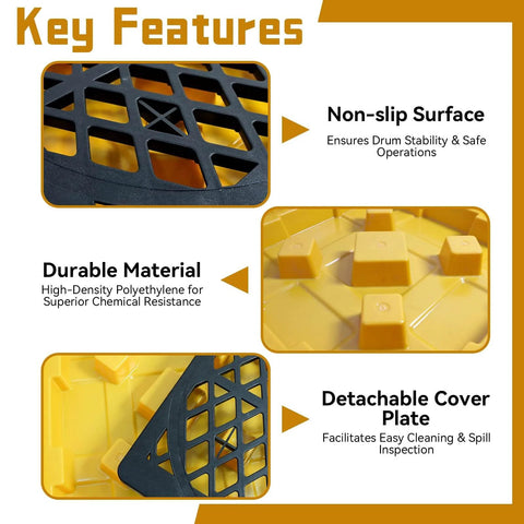 Close-up of Spill Containment Pallet For One Drum 5 Gallon with non-slip surface, durable polyethylene, detachable cover plate
