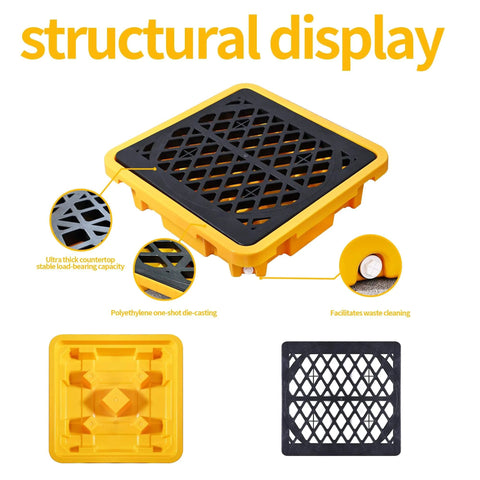 Heavy Duty Spill Containment Pallet With Drain For Industrial And Outdoor Use 26.4 By 26.4 By 6 Inches Anti Slip Leakproof Detachable Plastic Tray 43L Capacity Holds 200L Buckets Cjgyz, showing structural features and components.