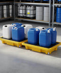 Spill Containment Pallet Set For Two Drums With Drain Outlet, Heavy Duty Plastic Platform That Holds Up To 2000 Lbs in storage