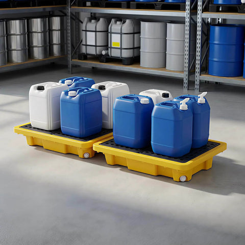 Spill Containment Pallet Set For Two Drums With Drain Outlet, Heavy Duty Plastic Platform That Holds Up To 2000 Lbs in storage