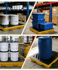 Spill Containment Pallet For One Drum 5 Gallon with Anti Slip Plastic Tray, Leakproof Polyethylene, holding various containers in warehouse
