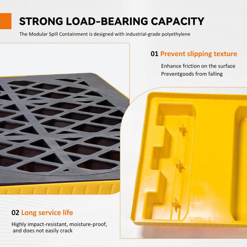 Heavy Duty Modular 2 Drum Spill Pallet Workhorse For Forklift Access With 2000 Pound Capacity And Stackable Containment Tray, textured surface and yellow tray visible