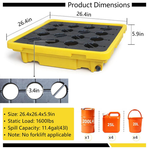 Spill Containment Tray With Drain For Industrial Drums Anti Leak Plastic Pallet 26.4 Inch Square Drum Spill Proof Platform