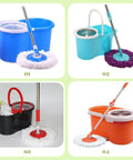 Collage of four colorful spin mop sets with buckets, showcasing blue, teal, black, and orange options on a light background.