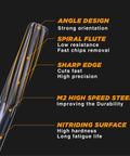 Close-up of M2 HSS chucking reamer with spiral flute design showing angle, sharp edge, and nitriding surface annotations.