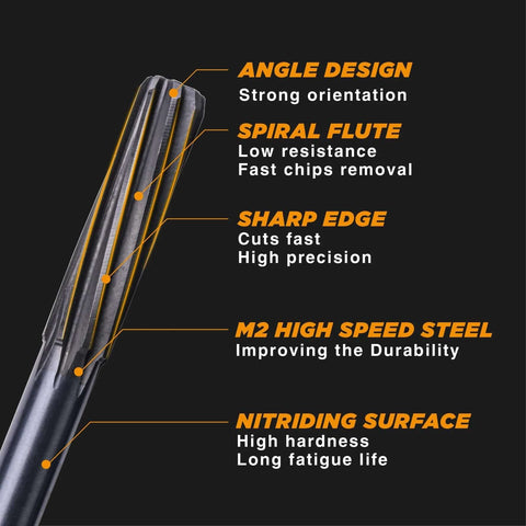 Close-up of M2 HSS chucking reamer with spiral flute design showing angle, sharp edge, and nitriding surface annotations.