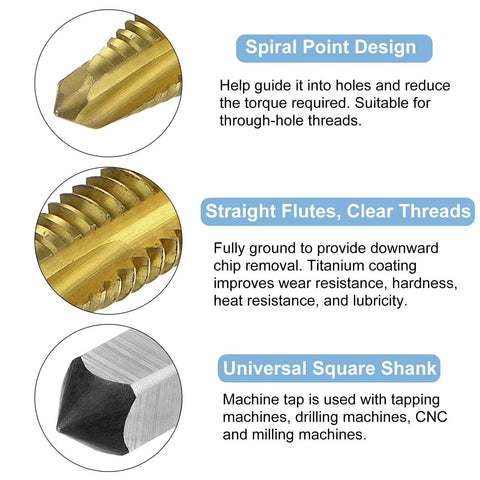 Close-up views of 7pcs Spiral Point Tap Set M2 M2.5 M3 M3.5 M4 M5 M6 Metric Thread Screw Taps, Titanium Coated High Speed Steel 6542.