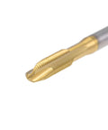 Close-up of Spiral Point Plug Threading Tap M5 x 0.8 Thread, Ground Threads H2 3 Flutes, High Speed Steel HSS 6542, Titanium Coated