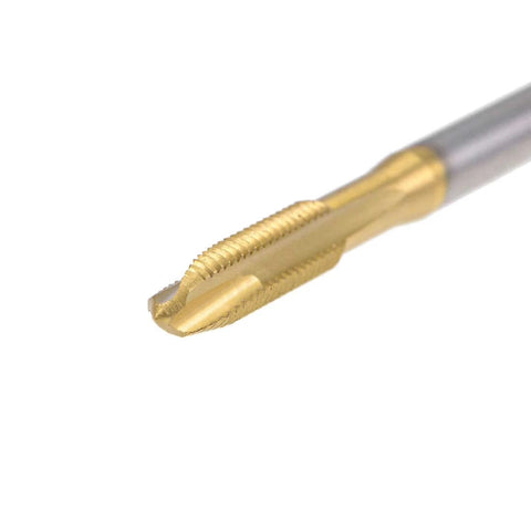 Close-up of Spiral Point Plug Threading Tap M5 x 0.8 Thread, Ground Threads H2 3 Flutes, High Speed Steel HSS 6542, Titanium Coated