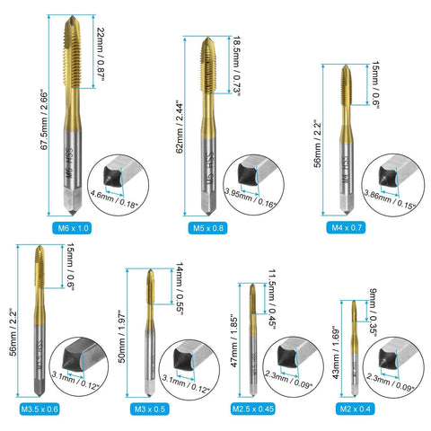 7pcs Spiral Point Tap Set M2 M2.5 M3 M3.5 M4 M5 M6 Metric Thread Screw Taps, Titanium Coated High Speed Steel 6542 Machine Tapping Threading Repair Tool