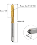 ✝️ uxcell 6pcs 1/4-20 UNC B2 Spiral Point Thread Tap showing dimensions and titanium coating.