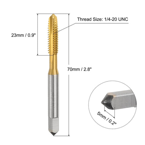 ✝️ uxcell 6pcs 1/4-20 UNC B2 Spiral Point Thread Tap showing dimensions and titanium coating.