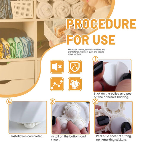 Instructions for installing Splicable Mini Caster Wheels 24 Pieces With 360 Degree Swivel And Self Adhesive Stick On Sliders.