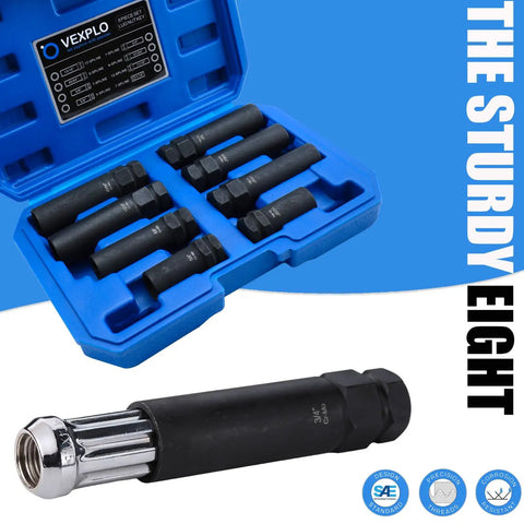 Spline Lug Nut Socket Set For Quick Wheel Lock Removal, 8 Piece SAE And Metric Locking Lug Nut Removal Kit in case by VEXPLO