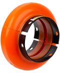 Omega 7300010 E3 Elastomeric Coupling Standard Element By Rexnord Split Half Design for easy assembly, orange elastomer, side view.