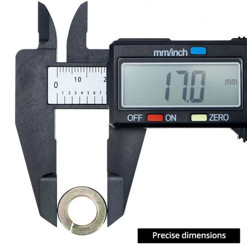 Digital caliper measuring outer diameter of Split Lock Washer Grade Eight Thru Hardened Steel Yellow Zinc Plated 100 Pack