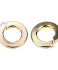 Close-up of Split Lock Washer Grade Eight Thru Hardened Steel Yellow Zinc Plated, showing two washers from a 100 Pack.