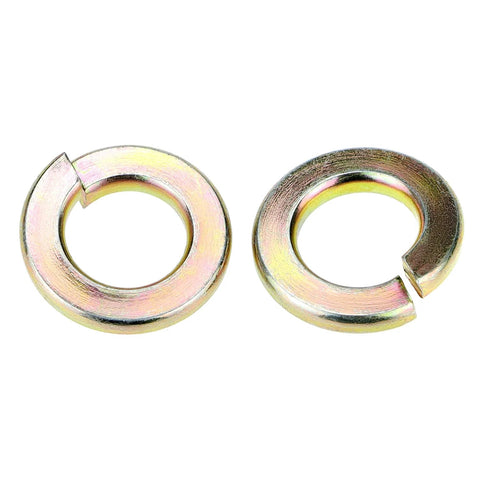Close-up of Split Lock Washer Grade Eight Thru Hardened Steel Yellow Zinc Plated, showing two washers from a 100 Pack.