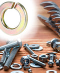 Split Lock Washer Grade Eight Thru Hardened Steel Yellow Zinc Plated 100 Pack with bolts and nuts on wooden table.