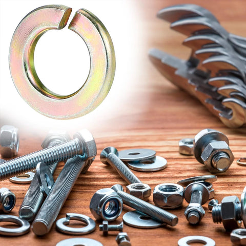 Split Lock Washer Grade Eight Thru Hardened Steel Yellow Zinc Plated 100 Pack with bolts and nuts on wooden table.