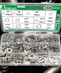 Split Lock Washers Assortment Kit 1000 Pieces 9 SAE Sizes 304 Stainless Steel organized in box compartments.