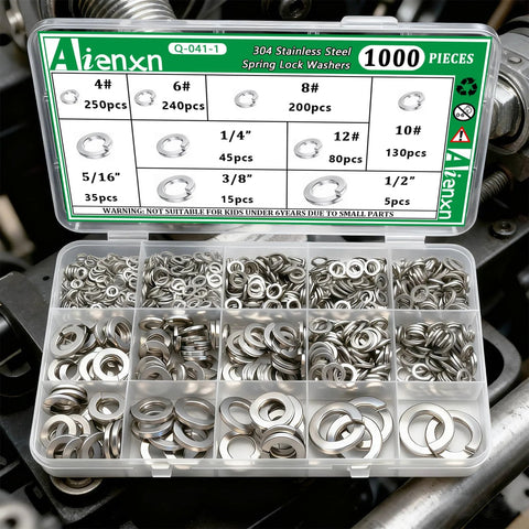 Split Lock Washers Assortment Kit 1000 Pieces 9 SAE Sizes 304 Stainless Steel organized in box compartments.