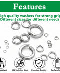 Assorted Split Lock Washers in various sizes, made from 304 stainless steel, highlighting features of rust resistance and premium quality.
