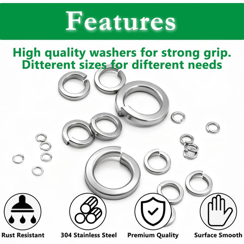 Assorted Split Lock Washers in various sizes, made from 304 stainless steel, highlighting features of rust resistance and premium quality.