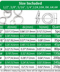 Chart and diagram of Split Lock Washers Assortment Kit 1000 Pieces 9 SAE Sizes 304 Stainless Steel dimensions and quantities.
