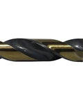 Close-up of KFD Series High Speed Steel Drill Bits Split Point One Eighth Inch, showing black and gold twist design for drilling