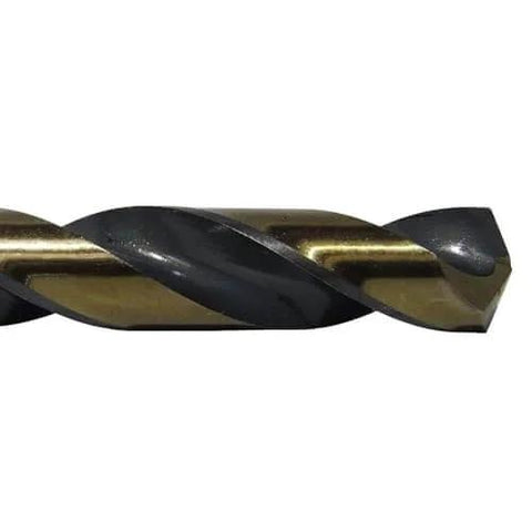 Close-up of KFD Series High Speed Steel Drill Bits Split Point One Eighth Inch, showing black and gold twist design for drilling