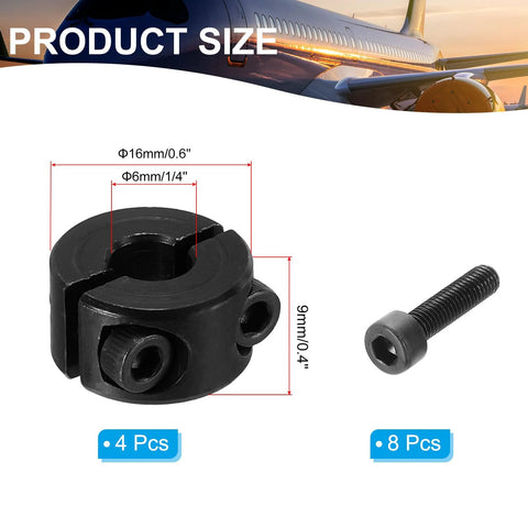 Four Pack Split Shaft Collar 6mm Bore 16mm OD 9mm Thick High Clamp Strength Two Piece Locking Design