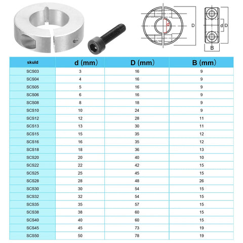 Four Pack Split Shaft Collar 6mm Bore 16mm OD 9mm Thick High Clamp Strength Two Piece Locking Design with table of dimensions.