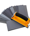 Sponge Handled Sandpaper Holder With 36 Grits 120 To 3000 For Dry Wet Sanding displayed with sandpaper sheets.