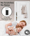 Mother and child sleeping peacefully with door hanger showing sponge pads for noise reduction and scratch prevention.