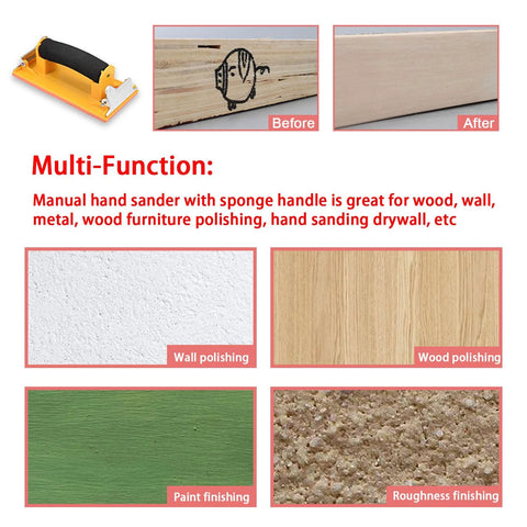 Sponge Handled Sandpaper Holder With 36 Grits 120 To 3000 for wood, wall, and metal polishing; before and after sanding results shown.