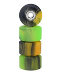 Set of Apex 61D Urethane Fingerboard Wheels in Spooky Swirl colorway with visible ultra spin bearings, stacked, 7.7mm diameter, USA made.