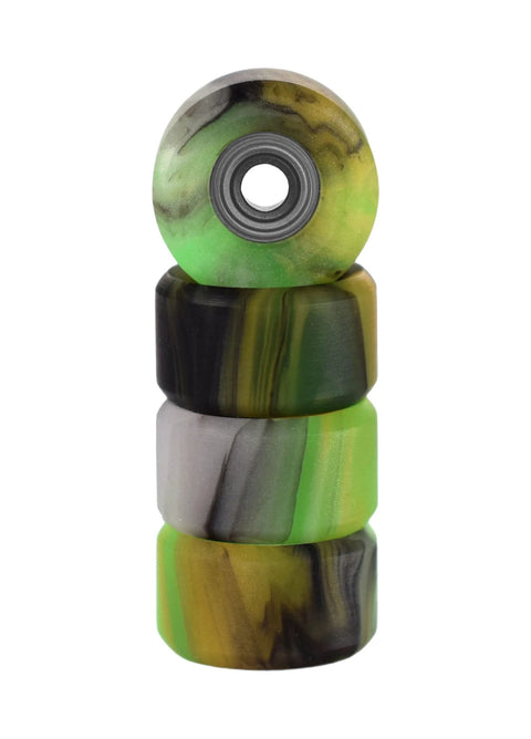 Stack of Teak Tuning Apex 61D Slim Bowl fingerboard wheels in spooky swirl color with ABEC 9 stealth bearings.