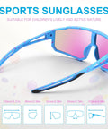 Side view of blue sports sunglasses with pink lenses, designed for children, showcasing dimensions, part of Three Pack Kids Sunglasses UV400 For Ages 6 To 14 Black Blue White.