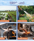 Image showing diverse uses of EF5500-BOX 12V Sprayer Pump: agricultural irrigation, garden watering, car washing, RV water support.
