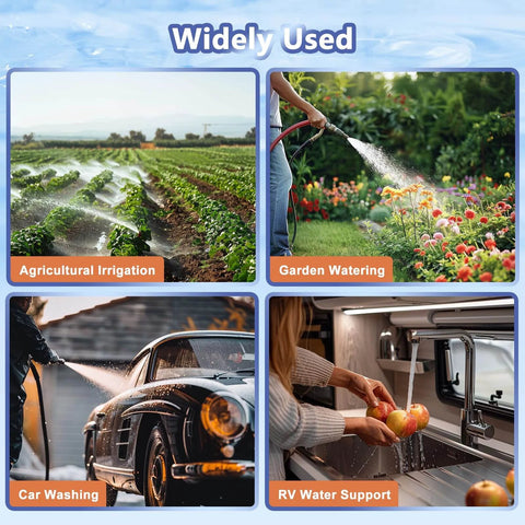 Image showing diverse uses of EF5500-BOX 12V Sprayer Pump: agricultural irrigation, garden watering, car washing, RV water support.