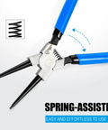 Spring-assisted blue handle pliers from Six Piece 7 Inch Snap Ring Pliers Set With 0 Degree 45 Degree And 90 Degree Angled Jaws For Internal And External Retaining Rings, Professional Grade, CRV Steel Construction, Ideal For Auto Shop And Industrial Repairs