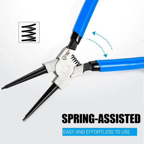 Spring-assisted blue handle pliers from Six Piece 7 Inch Snap Ring Pliers Set With 0 Degree 45 Degree And 90 Degree Angled Jaws For Internal And External Retaining Rings, Professional Grade, CRV Steel Construction, Ideal For Auto Shop And Industrial Repairs