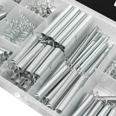 Close-up of 200 Piece Spring Assortment Kit with 20 different size zinc plated extension and compression springs in a storage box.